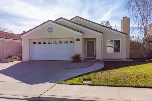 single story home with a garage and a front yard