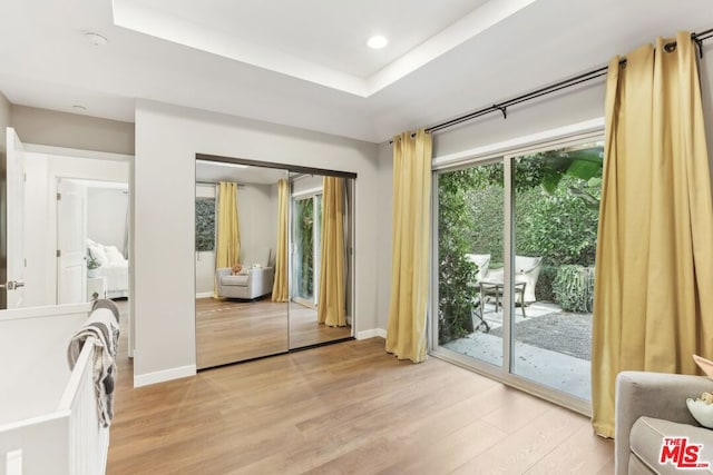 doorway to outside featuring a tray ceiling and light wood-type flooring