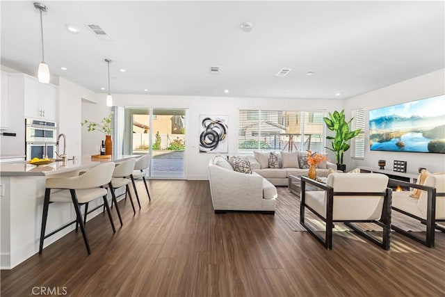 living room featuring sink and dark hardwood / wood-style flooring