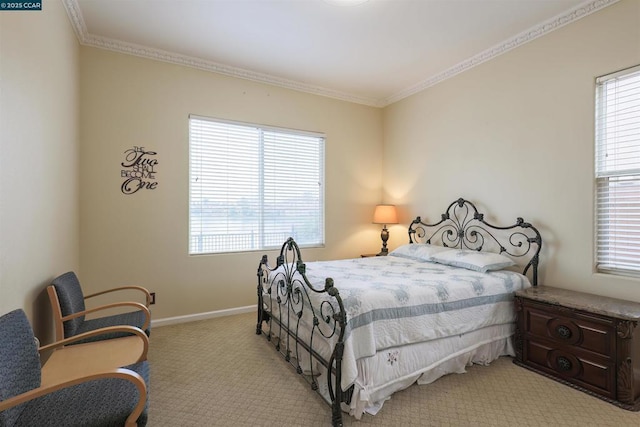 carpeted bedroom with crown molding