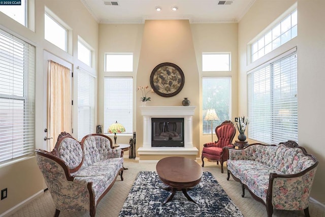 living area with crown molding, a fireplace, and a high ceiling