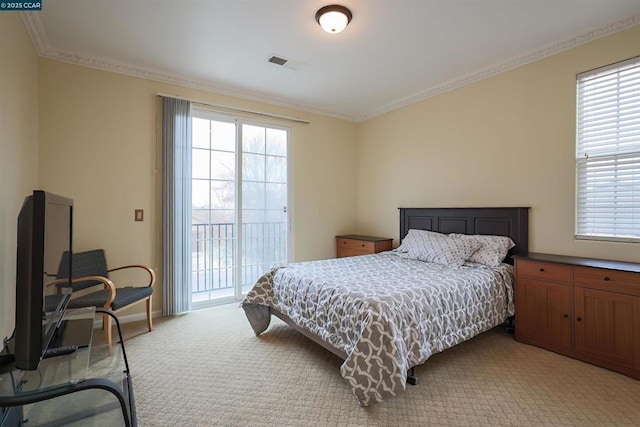 carpeted bedroom featuring crown molding and access to exterior