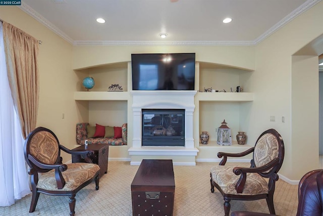 carpeted living room with crown molding and built in features