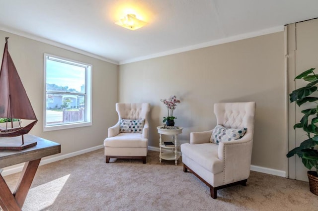 living area with light carpet and crown molding