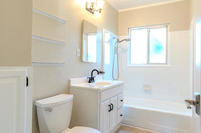 full bathroom with shower / bath combination, vanity, and toilet