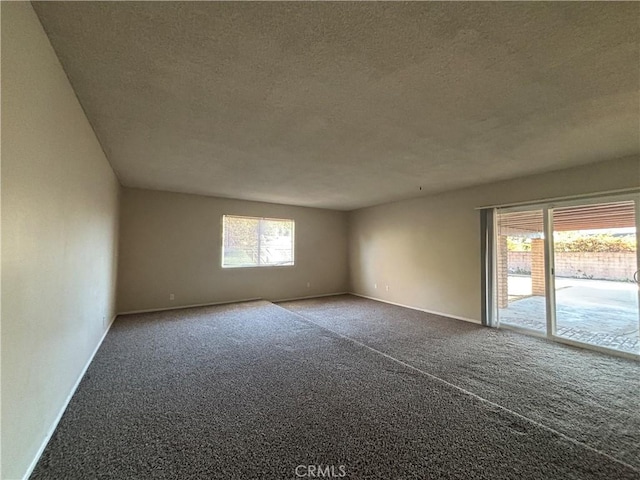 unfurnished room featuring carpet floors, a healthy amount of sunlight, and a textured ceiling