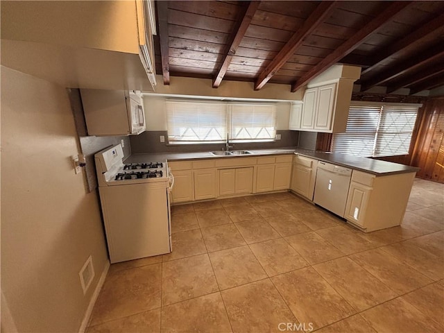 kitchen featuring sink, lofted ceiling with beams, wooden ceiling, kitchen peninsula, and white appliances