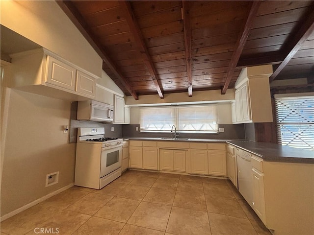 kitchen with light tile patterned flooring, lofted ceiling with beams, sink, wood ceiling, and white appliances