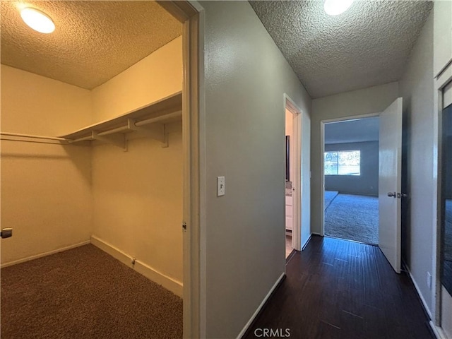 walk in closet featuring dark colored carpet