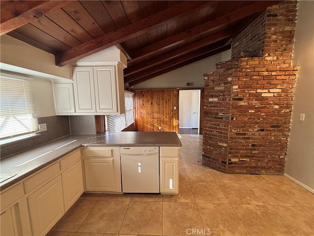 kitchen featuring light tile patterned flooring, lofted ceiling with beams, wooden ceiling, dishwasher, and kitchen peninsula