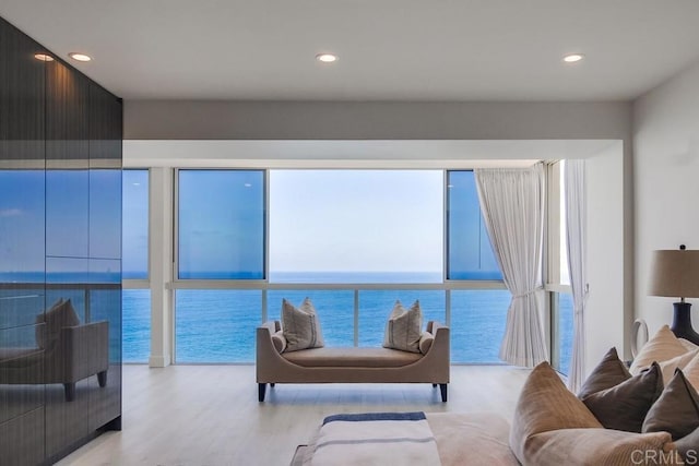 living room featuring light hardwood / wood-style flooring and a water view