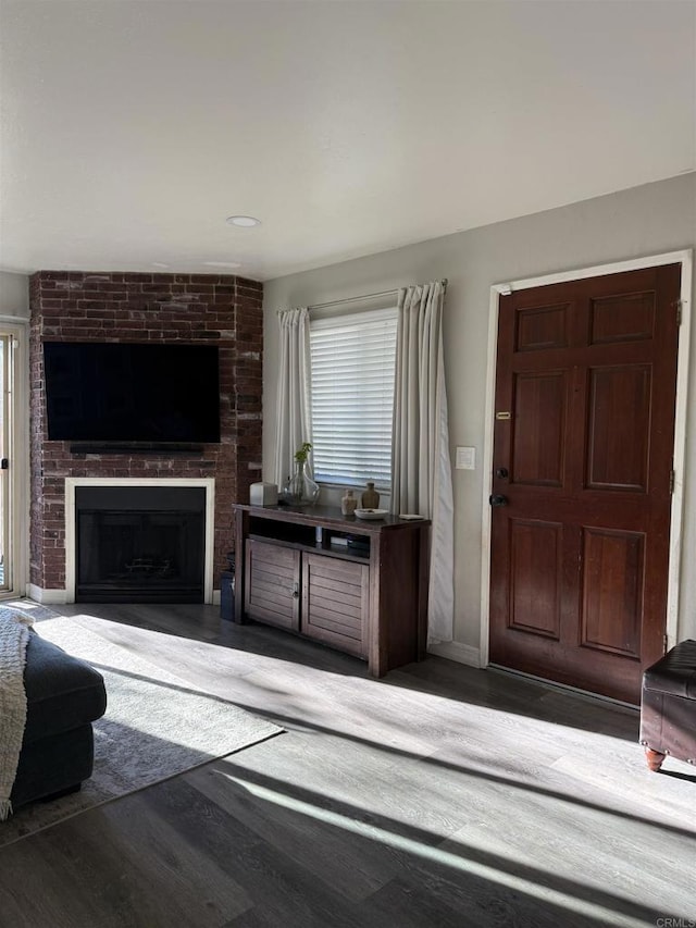 living room with hardwood / wood-style flooring and a fireplace