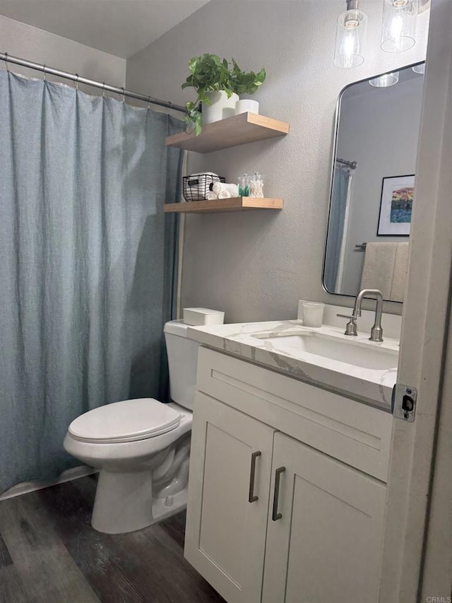 bathroom with wood-type flooring, toilet, and vanity