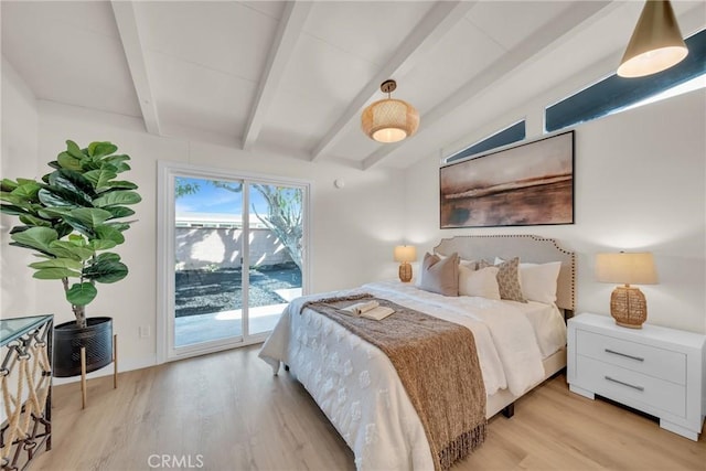 bedroom featuring vaulted ceiling with beams, access to outside, and light hardwood / wood-style floors