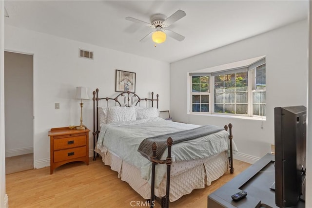 bedroom featuring ceiling fan and light hardwood / wood-style flooring