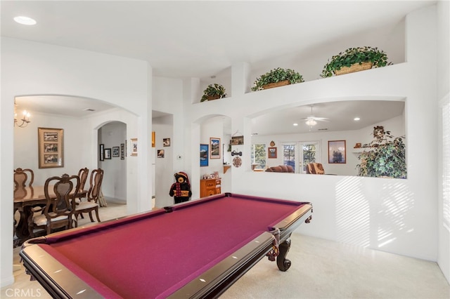 rec room featuring french doors, carpet, ceiling fan, and billiards