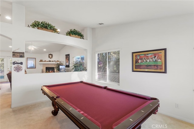 playroom featuring ceiling fan, light colored carpet, and billiards