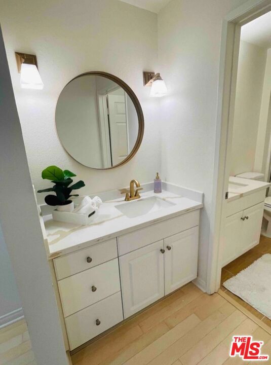 bathroom featuring vanity, wood-type flooring, and toilet