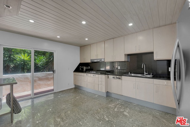 kitchen with tasteful backsplash, appliances with stainless steel finishes, sink, and wood ceiling