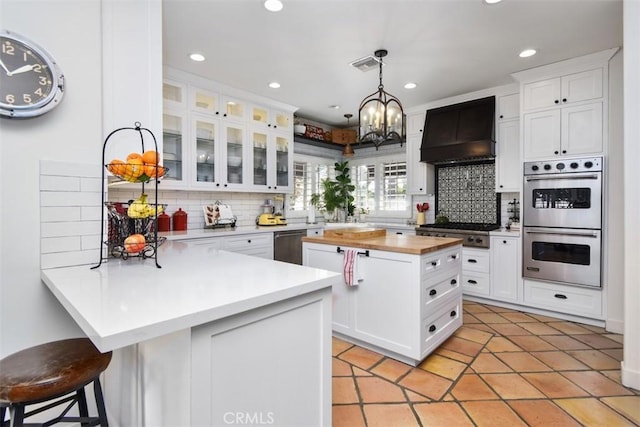 kitchen featuring premium range hood, backsplash, stainless steel appliances, white cabinets, and kitchen peninsula