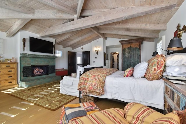 unfurnished bedroom with wood ceiling, wood-type flooring, and lofted ceiling with beams