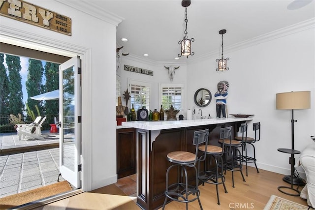 bar with crown molding, hanging light fixtures, dark brown cabinets, and light hardwood / wood-style flooring