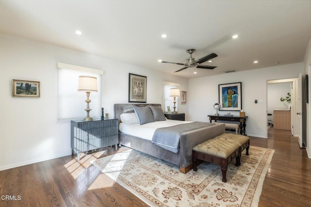 bedroom featuring ceiling fan and wood-type flooring