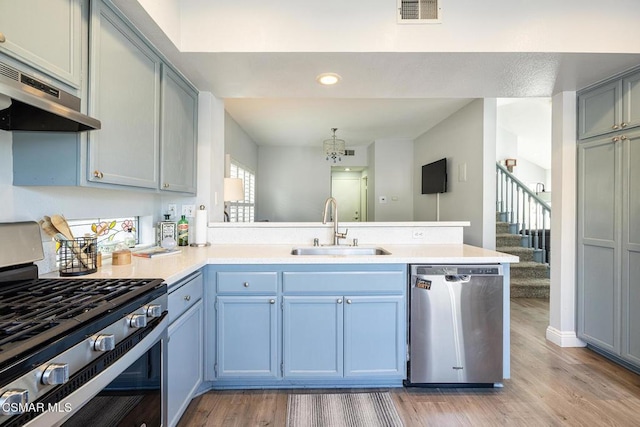 kitchen with stainless steel appliances, sink, light hardwood / wood-style floors, and kitchen peninsula