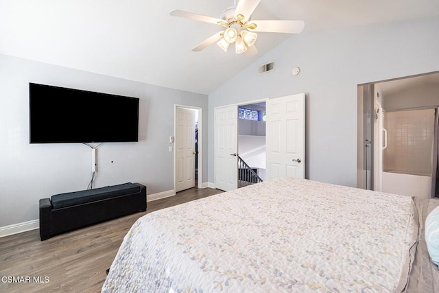 bedroom with hardwood / wood-style flooring, high vaulted ceiling, and ceiling fan