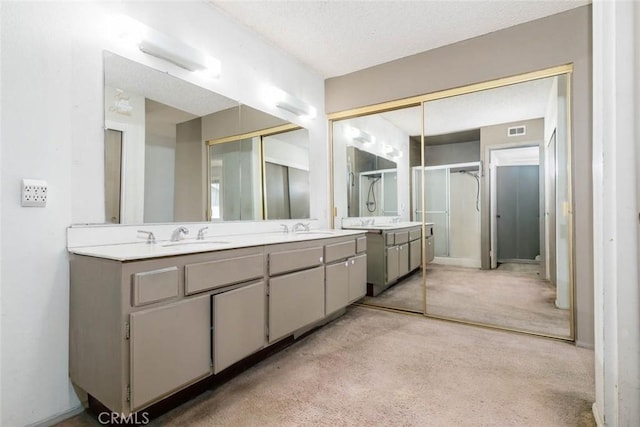 bathroom with vanity and a shower with shower door