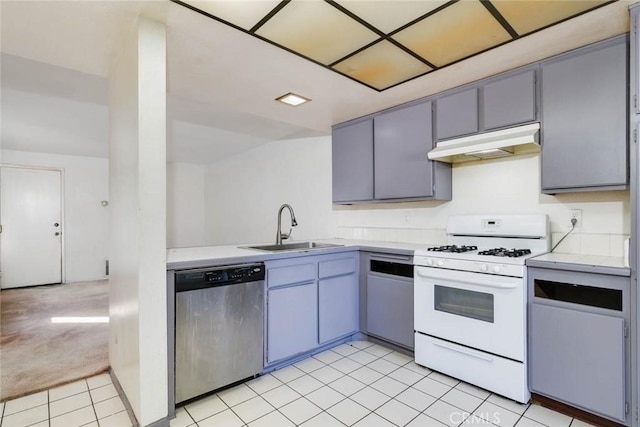 kitchen featuring sink, white range with gas cooktop, stainless steel dishwasher, and light colored carpet