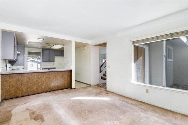 kitchen featuring gray cabinets and light colored carpet