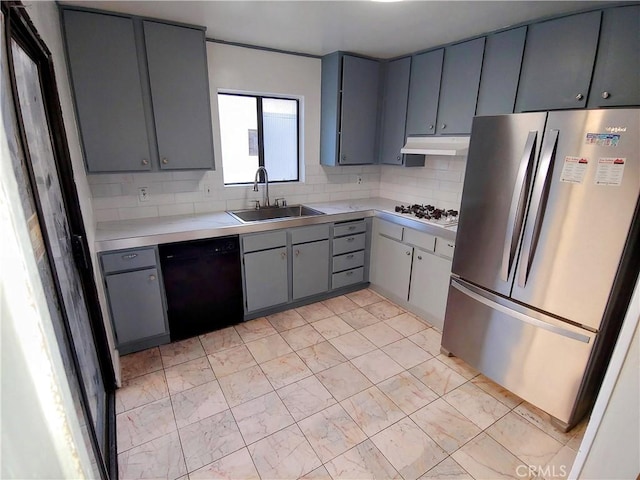 kitchen featuring sink, gray cabinetry, white gas cooktop, stainless steel refrigerator, and black dishwasher