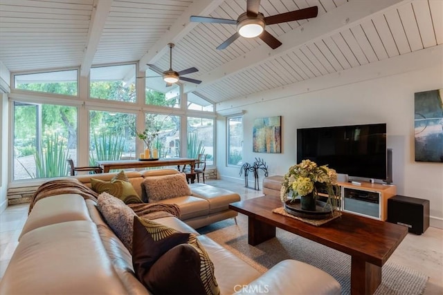 living room featuring lofted ceiling with beams and a healthy amount of sunlight