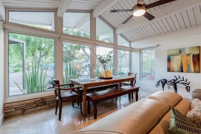 sunroom / solarium featuring vaulted ceiling with beams and ceiling fan