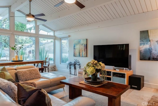 living room featuring a healthy amount of sunlight, vaulted ceiling with beams, and ceiling fan