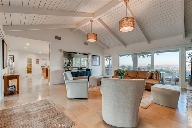 living room with high vaulted ceiling and beam ceiling