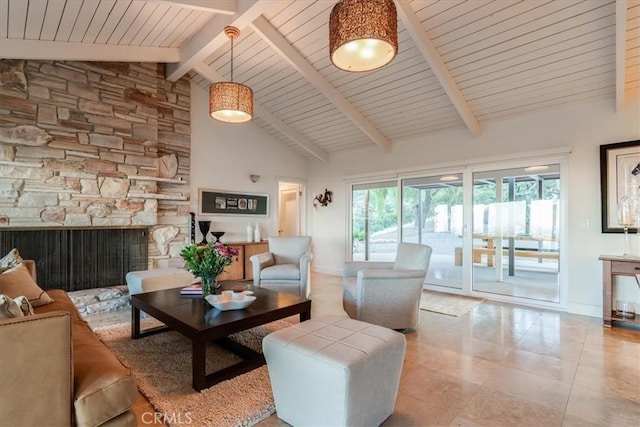 living room featuring high vaulted ceiling, light tile patterned floors, a stone fireplace, and beam ceiling