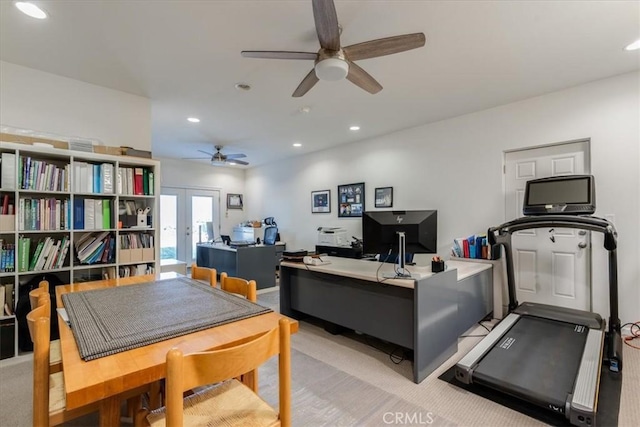 office space with light carpet, ceiling fan, and french doors