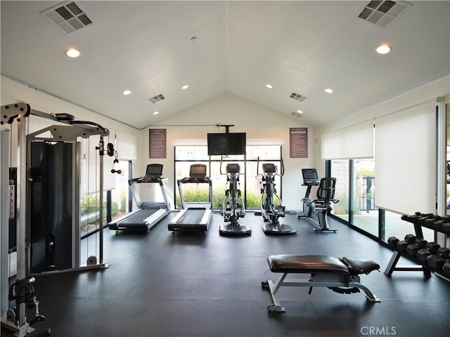 gym featuring vaulted ceiling