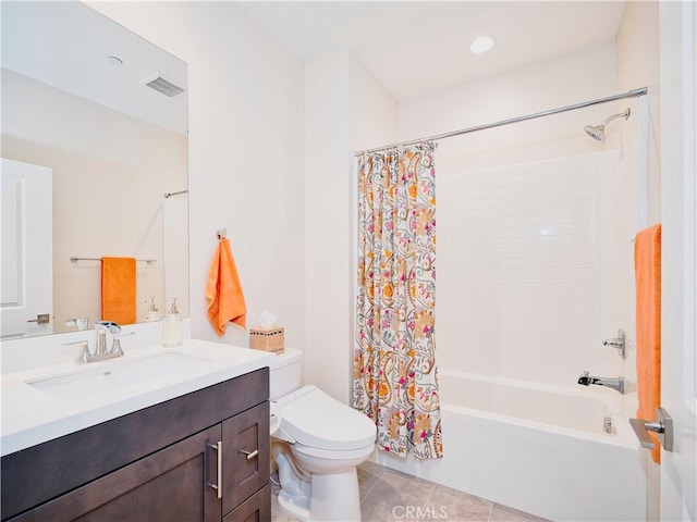 full bathroom with toilet, tile patterned floors, shower / bathtub combination with curtain, and vanity