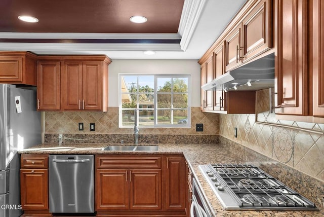 kitchen with appliances with stainless steel finishes, stone countertops, sink, ornamental molding, and a tray ceiling