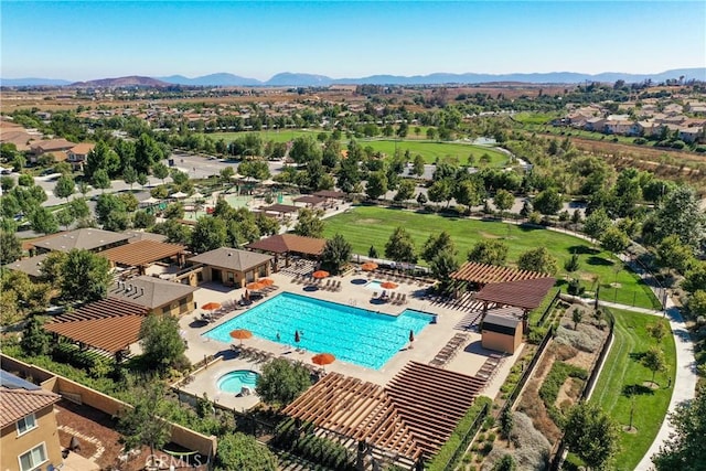 drone / aerial view featuring a mountain view