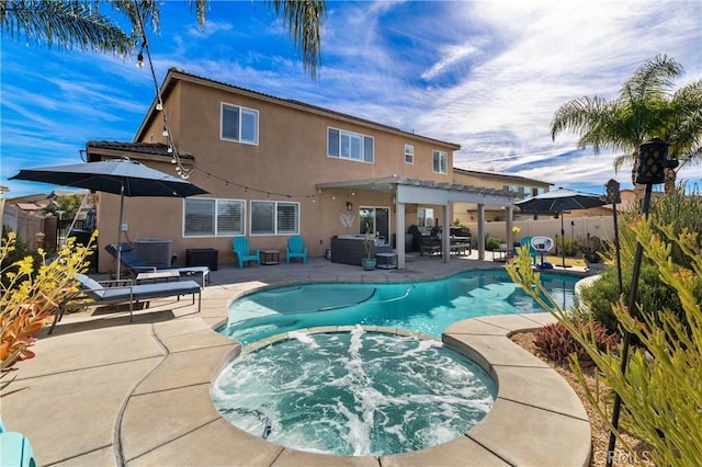 view of swimming pool featuring an in ground hot tub, a pergola, cooling unit, and a patio