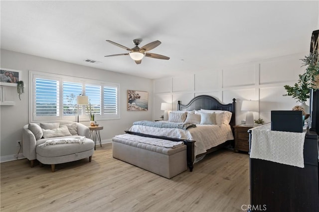 bedroom featuring ceiling fan and light wood-type flooring