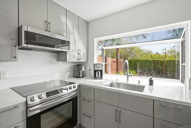 kitchen with sink, gray cabinets, and appliances with stainless steel finishes