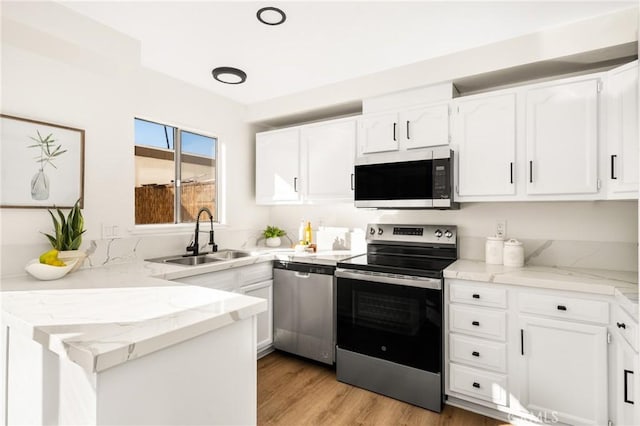 kitchen featuring a sink, a peninsula, white cabinetry, and stainless steel appliances