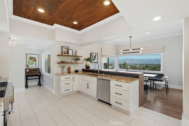 kitchen with sink, white cabinets, dark stone counters, stainless steel dishwasher, and wood ceiling