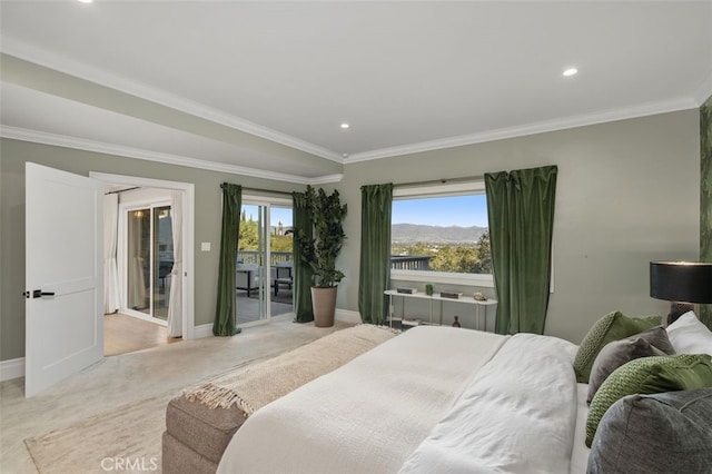 bedroom with light colored carpet, ornamental molding, and access to outside