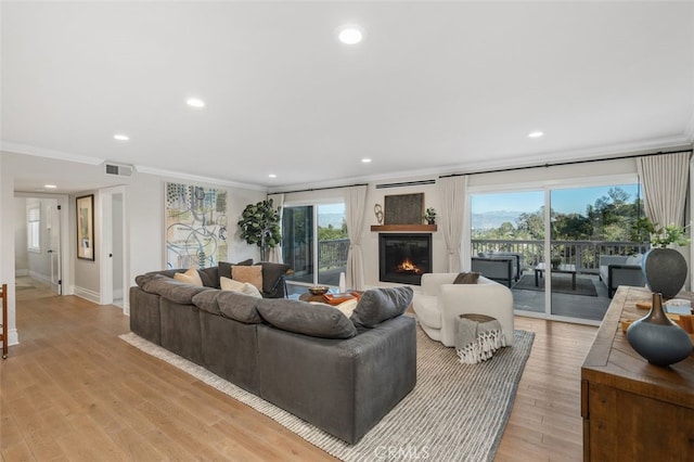 living room featuring ornamental molding and light wood-type flooring